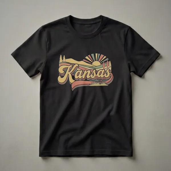 Retro Kansas graphic t-shirt with a vintage sunset landscape, rolling hills, trees, flowers, and the word 'Kansas' in a stylized font.