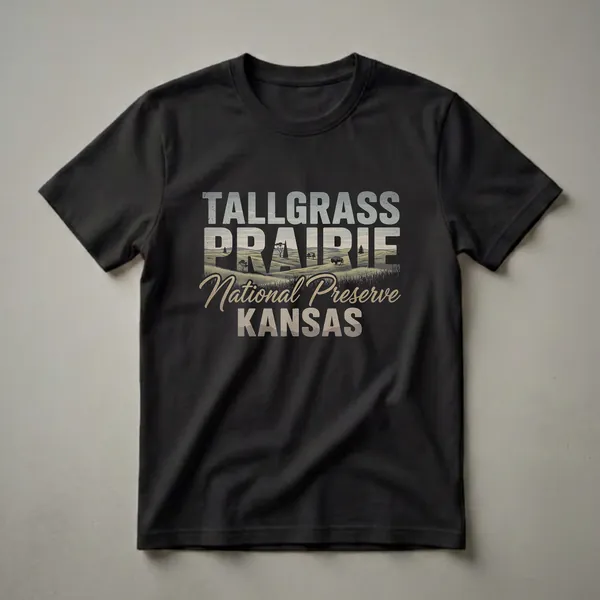 Black t-shirt featuring a stylized drawing of the Tallgrass Prairie National Preserve in Kansas, with rolling hills, grass, trees, a bison, and the preserve's name in distressed text.