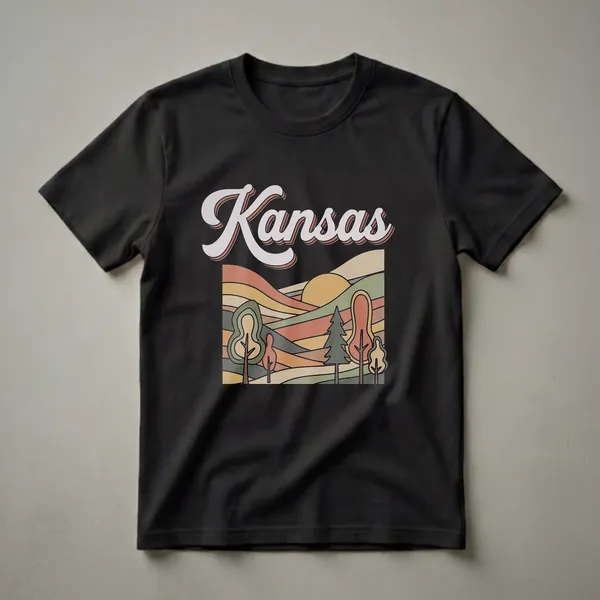 Black t-shirt with a retro graphic design featuring the word 'Kansas' in a stylized font above a landscape of rolling hills and a sunset.