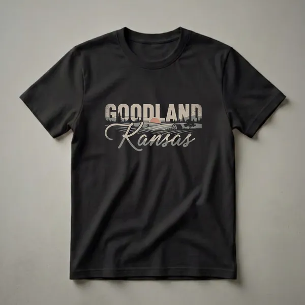 Black t-shirt with a retro graphic design of Goodland, Kansas, featuring large distressed text, a sunset over rolling fields, a barn, and trees.