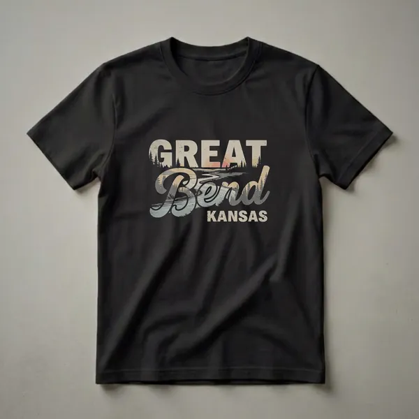 A black t-shirt featuring the words 'GREAT Bend KANSAS' in a retro font, with a landscape design of a river, pine trees, and a sunset.
