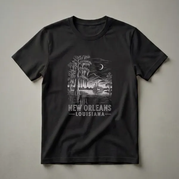 Black graphic t-shirt featuring a vintage illustration of a steamboat on a New Orleans bayou at night, with cypress trees and a crescent moon.