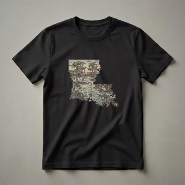A graphic t-shirt featuring the outline of Louisiana filled with a retro-style swamp scene including cypress trees, an alligator, and a heron.