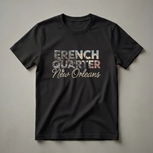 Black t-shirt with distressed graphic text reading 'FRENCH QUARTER New Orleans', featuring vintage illustrations of French Quarter balconies and architecture within the letters.