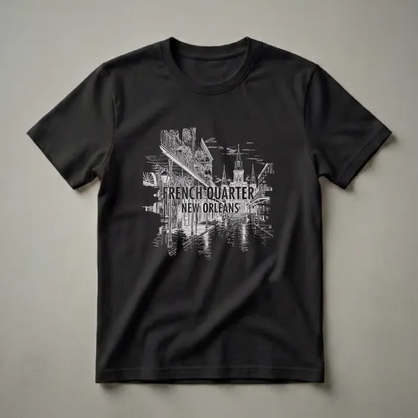Black graphic t-shirt with a white sketch of a New Orleans French Quarter street scene, including buildings, street lamps, and text reading 'FRENCH QUARTER NEW ORLEANS'.