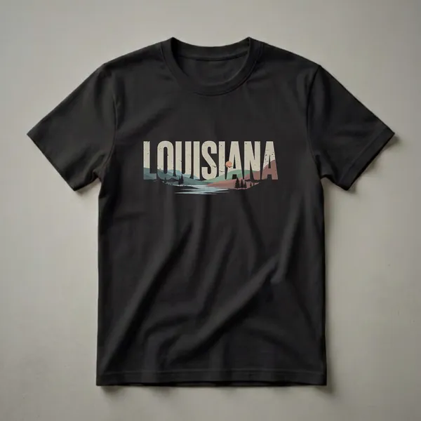 Cream colored distressed graphic t-shirt with the word LOUISIANA over a retro landscape featuring rolling hills, a lake, and a sunset.