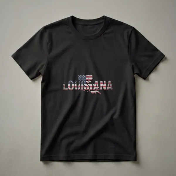 A black t-shirt featuring the outline of Louisiana filled with a distressed American flag and the word LOUISIANA in a distressed font.