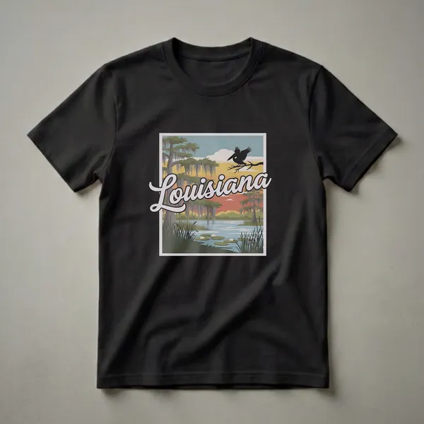 Black graphic t-shirt featuring a retro Louisiana swamp scene with cypress trees, Spanish moss, lily pads, and a pelican silhouette against a sunset sky.