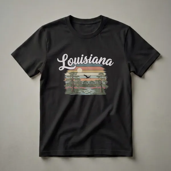 Black graphic t-shirt with a retro Louisiana swamp scene, including cypress trees, Spanish moss, a pelican, and a striped sunset.