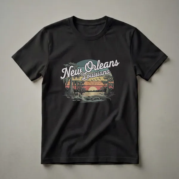 Black t-shirt featuring a retro graphic design of a New Orleans Louisiana swamp scene at sunset, complete with an alligator, cypress trees with Spanish moss, and flying birds.