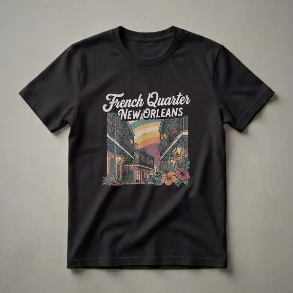Black t-shirt featuring a retro illustration of a New Orleans French Quarter street scene with ornate balconies, gas lamps, tropical flowers, and a colorful striped sunset sky.