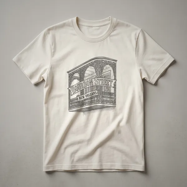 Black line art sketch of a New Orleans Bourbon Street balcony with a banner, printed on a black t-shirt.