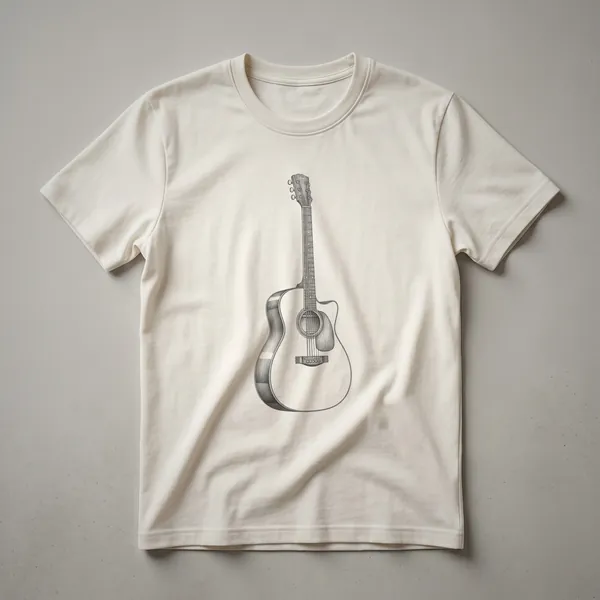 Black and white line drawing of an acoustic guitar, showcasing its body, neck, headstock, and strings.