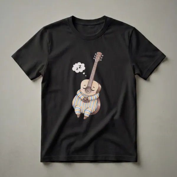 A graphic t-shirt featuring a whimsical illustration of a sleeping acoustic guitar wearing blue and yellow striped pajamas, with a 'Zzz' thought bubble.