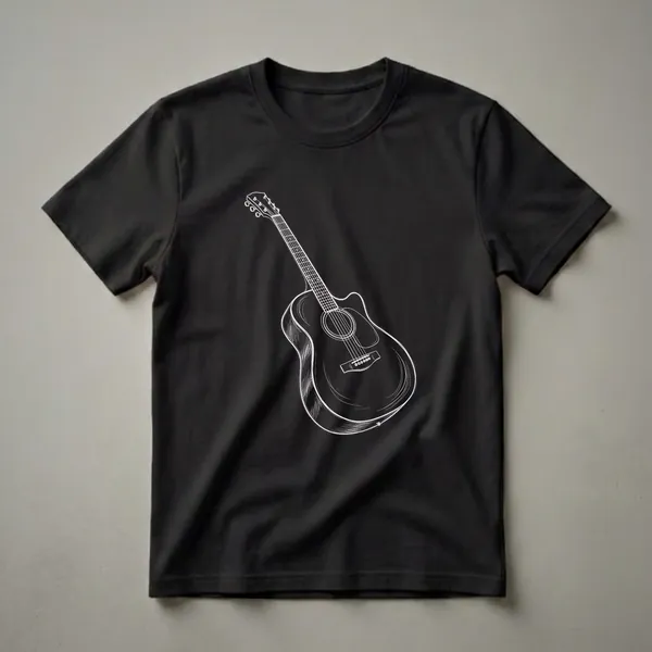 Black t-shirt with a white sketch-style illustration of an acoustic guitar, showing the headstock, neck, fretboard, and body.