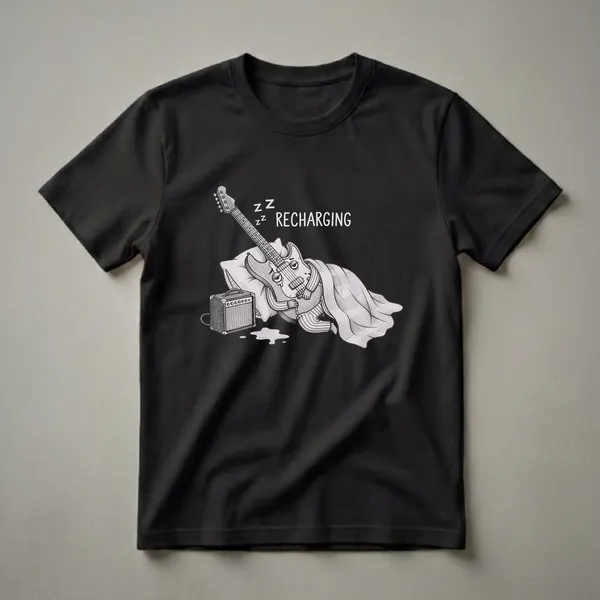 Black graphic t-shirt featuring a black and white illustration of an electric guitar personified as sleeping under a blanket next to a guitar amplifier, with "ZZZ RECHARGING" text.