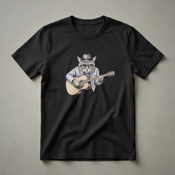 A grey tabby cat wearing a grey fedora hat and aviator sunglasses, dressed in a light blue denim shirt over a dark grey t-shirt, playing a wooden acoustic guitar.