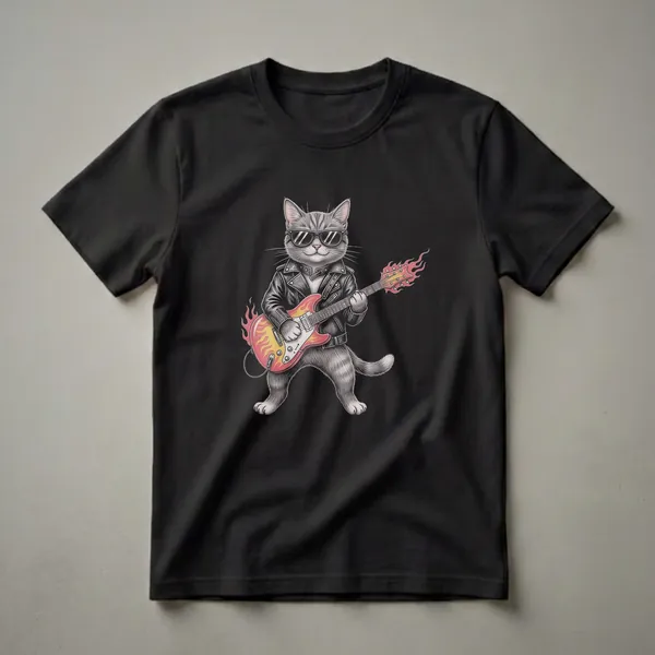 Black t-shirt featuring a detailed illustration of a grey tabby cat wearing sunglasses and a black leather jacket, playing a red and yellow flame-patterned electric guitar.