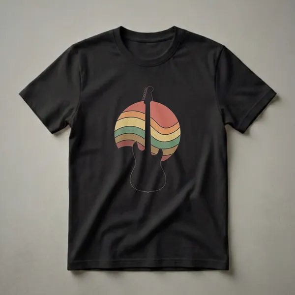 Black graphic t-shirt featuring a silhouette of an electric guitar against a retro sunset with horizontal stripes in red, orange, yellow, and green.