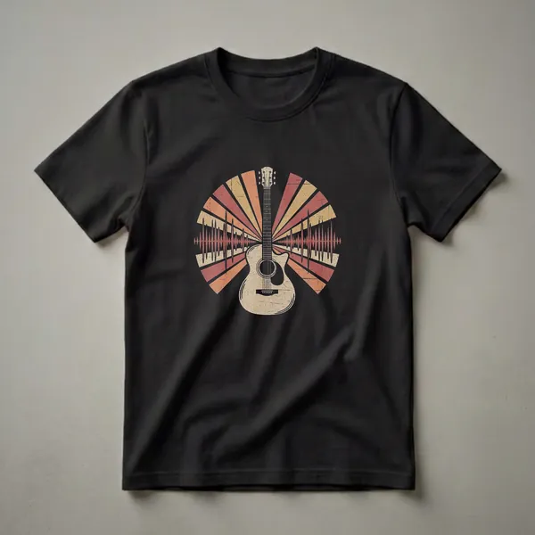 A graphic t-shirt featuring a vintage acoustic guitar design with a radiating sunburst and soundwave pattern in retro colors.