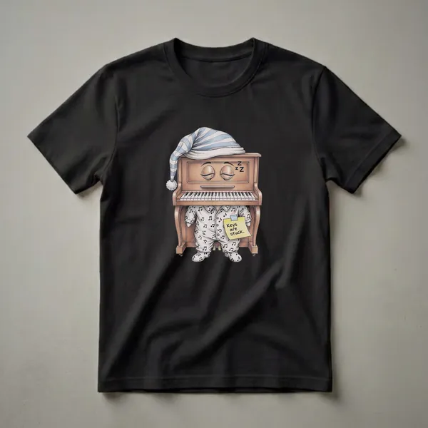 A graphic t-shirt featuring a whimsical illustration of a brown grand piano wearing striped pajamas and a sleeping cap, with a note that reads 'Keys are stuck.'