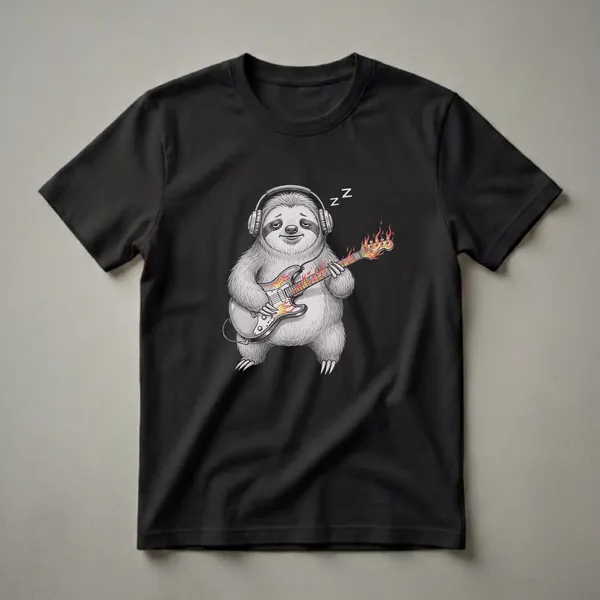 A black t-shirt featuring a pencil-style drawing of a grey sloth wearing headphones and playing a white electric guitar with red and yellow flames.