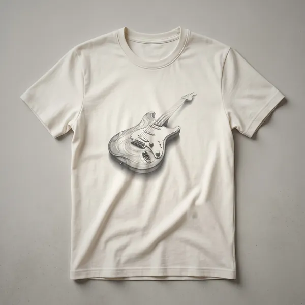 Black t-shirt with a white line art sketch of an electric guitar, showing the body, neck, fretboard, and pickups.