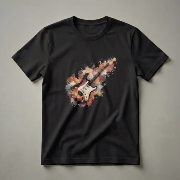 Black t-shirt featuring a white electric guitar with a watercolor splash art design in shades of brown, orange, and gray.