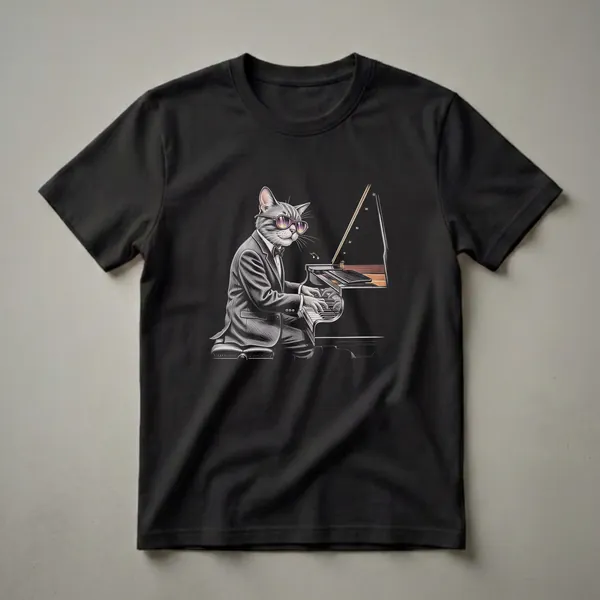 Black t-shirt featuring a detailed drawing of a grey tabby cat wearing pink sunglasses and a tuxedo, playing a black grand piano with musical notes in the air.