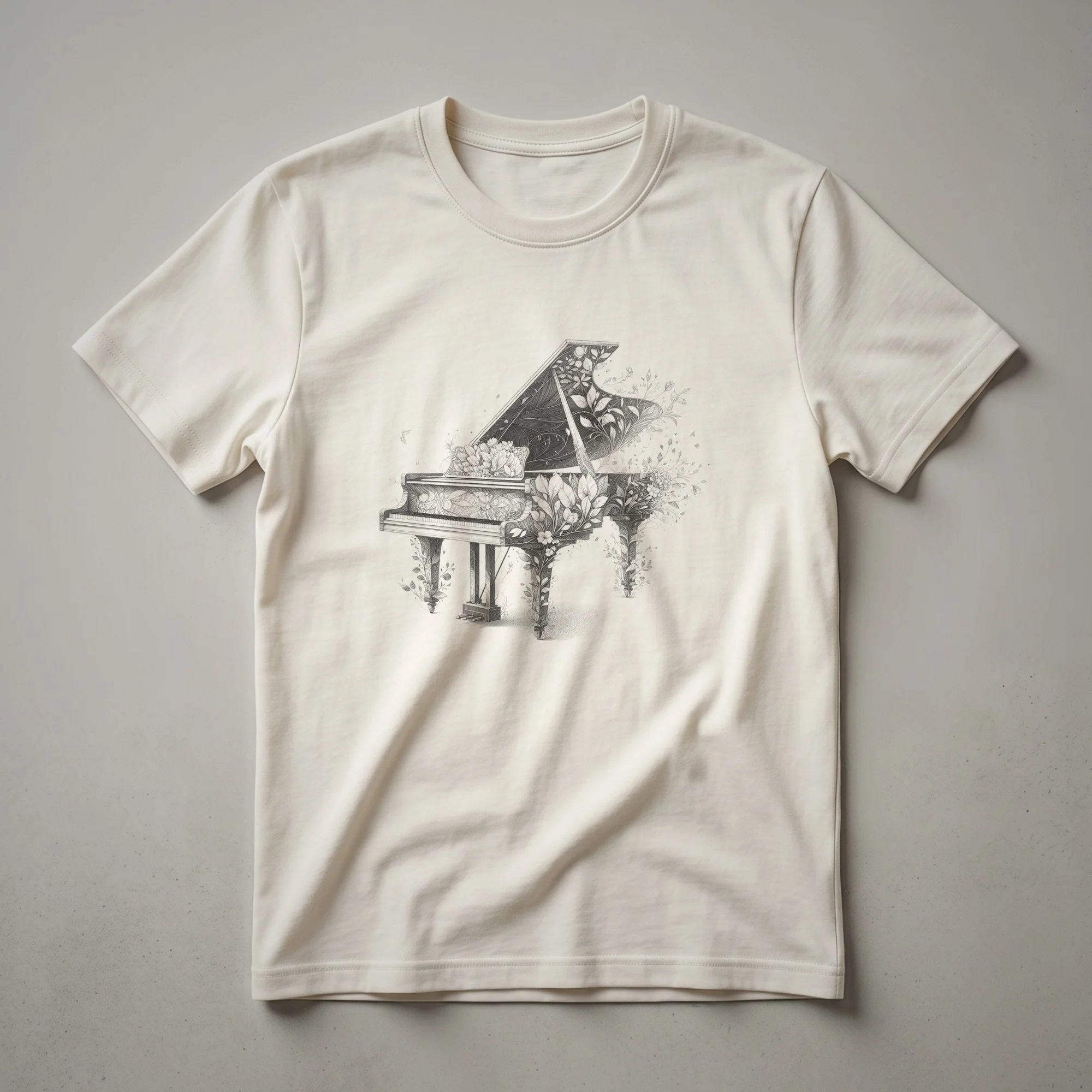 Black line drawing of a grand piano with intricate floral patterns on a white t-shirt.
