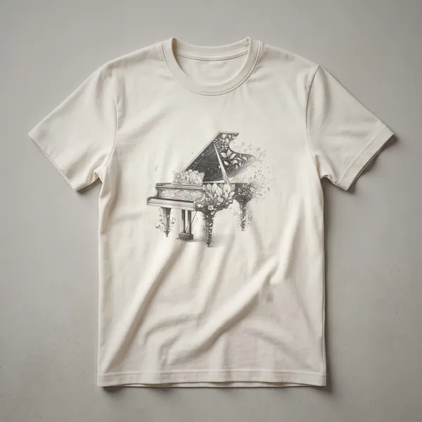 Black line drawing of a grand piano with intricate floral patterns on a white t-shirt.