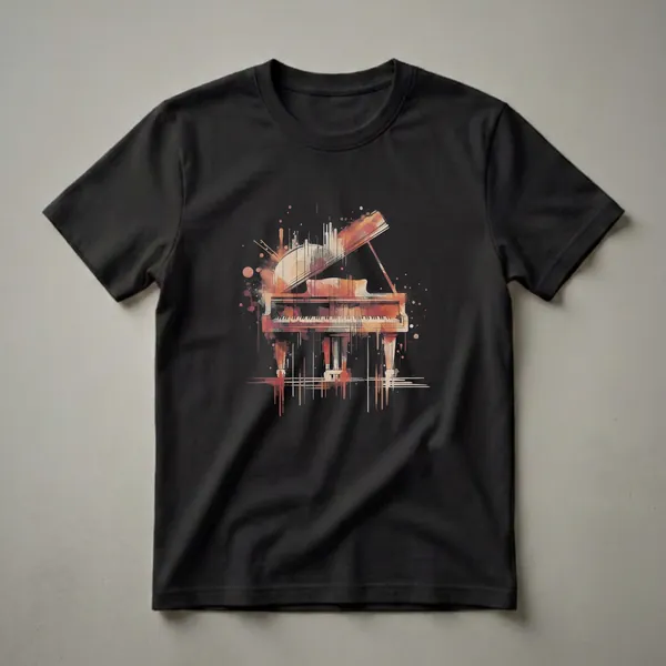 Black t-shirt with an abstract watercolor painting of a grand piano in shades of orange, red, and beige, with paint splatters and drips.