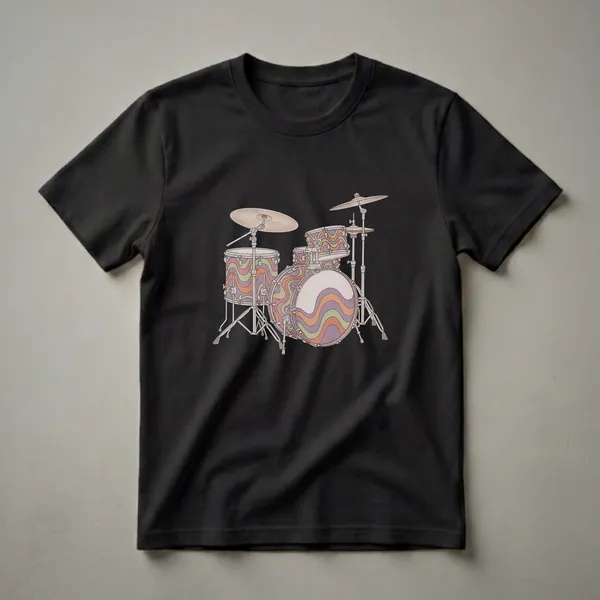 A graphic t-shirt featuring a retro illustration of a drum kit with wavy patterns in purple, green, and orange on the drum shells, set against a black background.