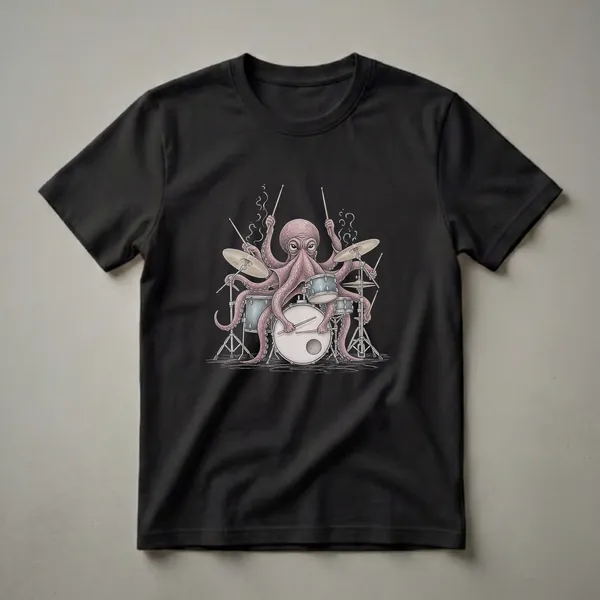A pink octopus with eight arms playing a drum set, holding drumsticks and hitting cymbals and drums, on a black background.