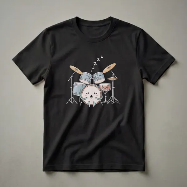 Black t-shirt with a kawaii drawing of a drum set where the bass drum character is sleeping, with 'Zzz' symbols above it.