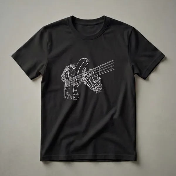 Black t-shirt with a white line art drawing of skeleton hands playing a bass guitar, with sparkling accents.