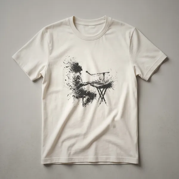 Black t-shirt with a grey ink blot drawing of a person playing a keyboard, with abstract splatters and lines.