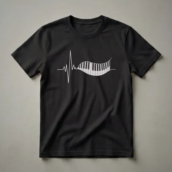 Black t-shirt featuring a white line art design of a heartbeat EKG line that transforms into a curved piano keyboard.