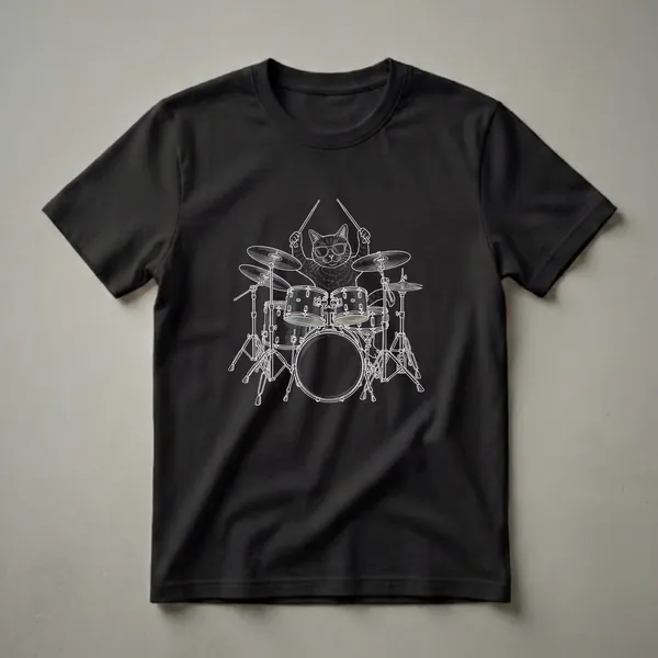 Black t-shirt with a white line drawing of a cat wearing sunglasses and playing a full drum set, holding drumsticks.