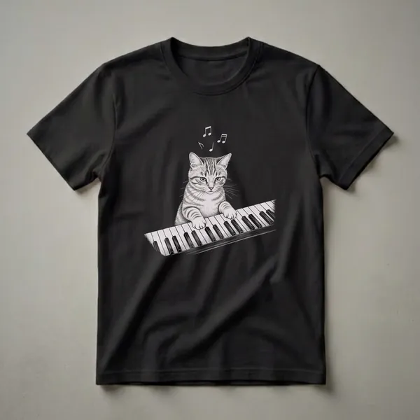 Black t-shirt featuring a detailed drawing of a tabby cat playing a piano keyboard with musical notes above its head.
