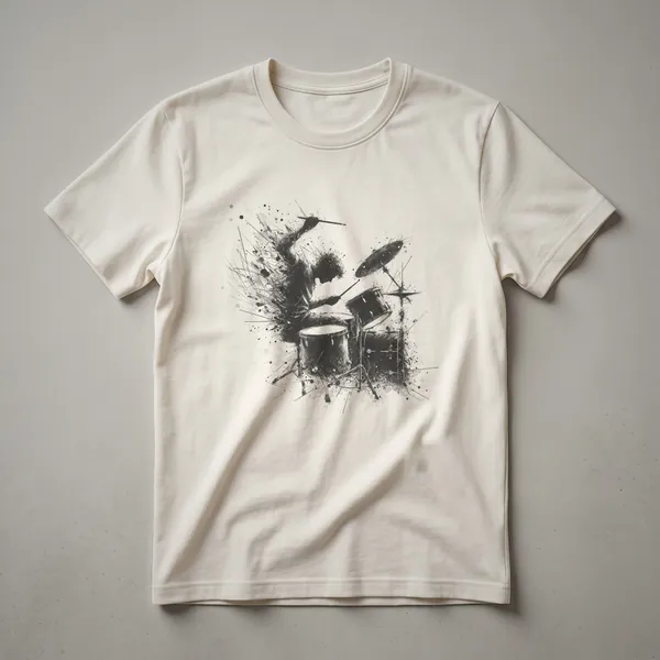 Black t-shirt with a grey sketch artwork of a drummer playing a drum set, surrounded by abstract paint splatters and lines.