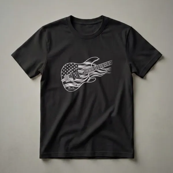 Black t-shirt with a white and grey drawing of a bass guitar. The guitar's body is designed to look like the American flag, with stars and stripes flowing like flames.