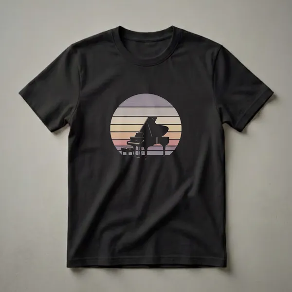 Black silhouette of a grand piano and bench against a circular retro sunset with horizontal stripes, printed on a black t-shirt.
