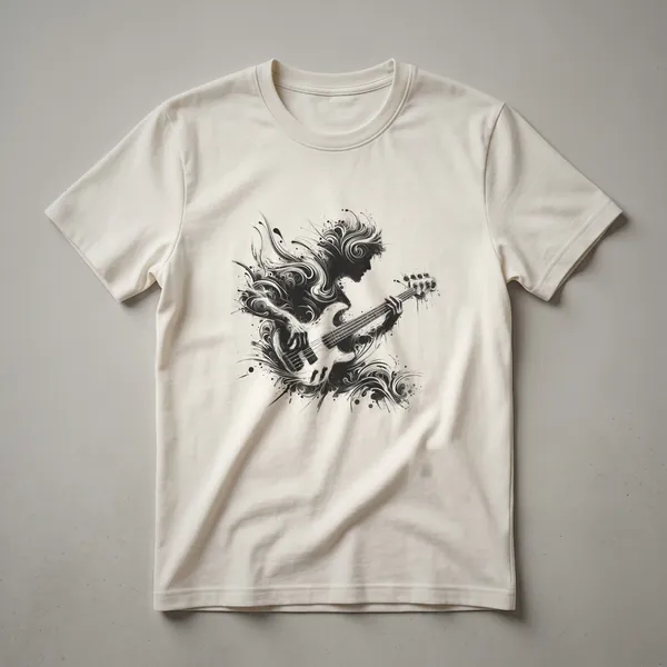 Black graphic t-shirt featuring a silhouette of a person playing a bass guitar with abstract, swirling artistic elements and ink splatters.