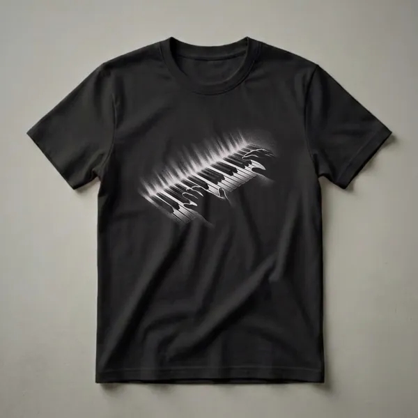 Black t-shirt with a stippled illustration of hands playing a piano keyboard in white and light pink tones, set against a dark background.