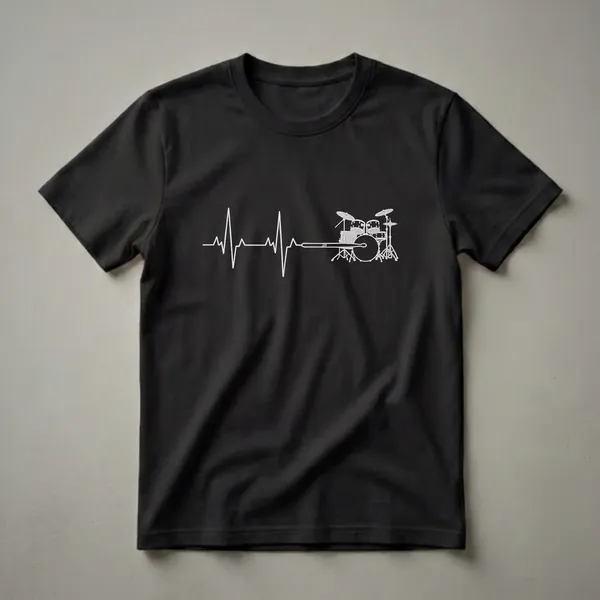 White line art graphic of a heartbeat EKG line merging into a drumstick and a full drum set, printed on a black t-shirt.