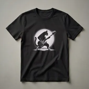 Vintage Cat Playing Bass Guitar Stipple Art T-Shirt for Musicians