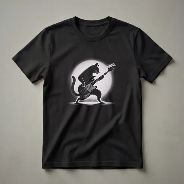 White cat playing a black bass guitar with a stippled circular background, on a white t-shirt.