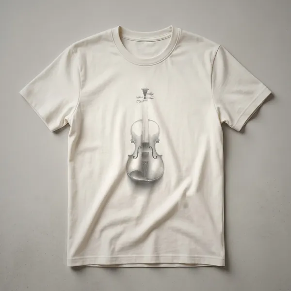 Black t-shirt with a white line art sketch of a violin, showcasing its body, neck, and scroll.