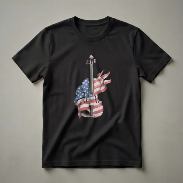 A black t-shirt featuring a drawing of a violin with the American flag draped over it, showcasing red and white stripes and a blue field with white stars.